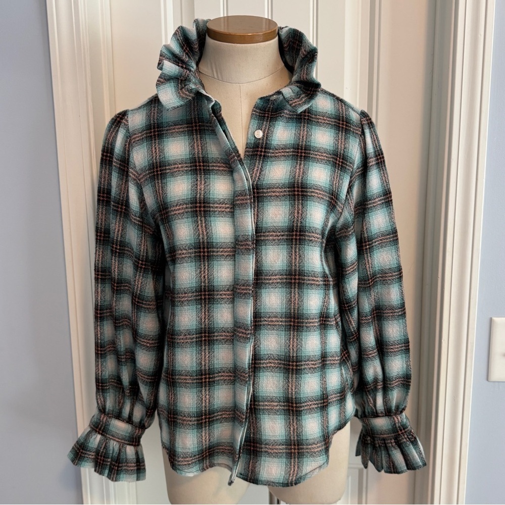 Koch‎ XS Phoebe Wool Blend Plaid Button Down Ruffled Shacket Top ~ Preppy